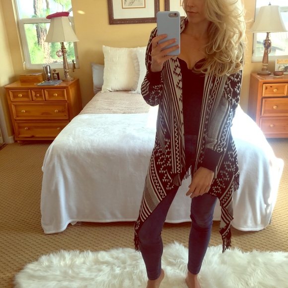 maddison Sweaters - MADISON Beige Black Long BOHO Cardigan Sweater